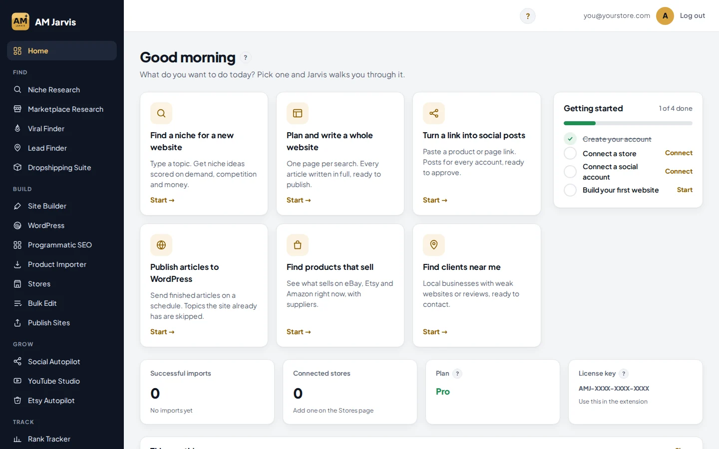 The AM Jarvis home screen: a dark sidebar menu grouped into Find, Build, Grow and Track, and task cards such as Find a niche for a new website and Find products that sell.