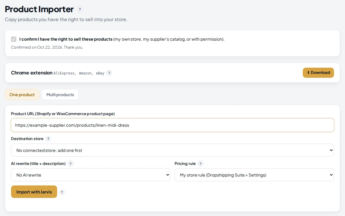 Product Importer: a product URL field, destination store, AI rewrite and pricing rule selectors, and an Import with Jarvis button.