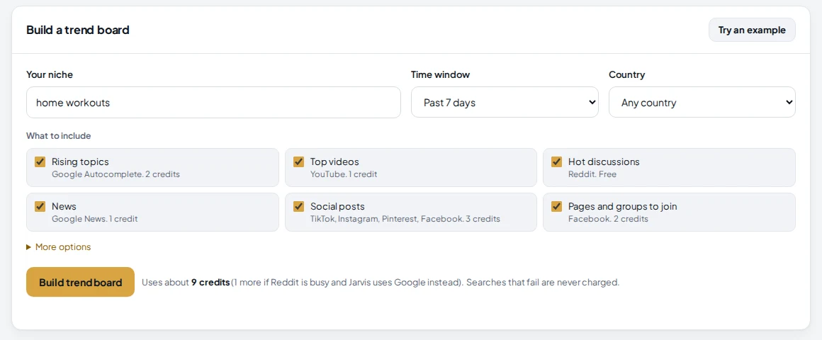 Viral Finder trend board: niche, time window, country, and sources such as rising topics, top videos, hot discussions and news.