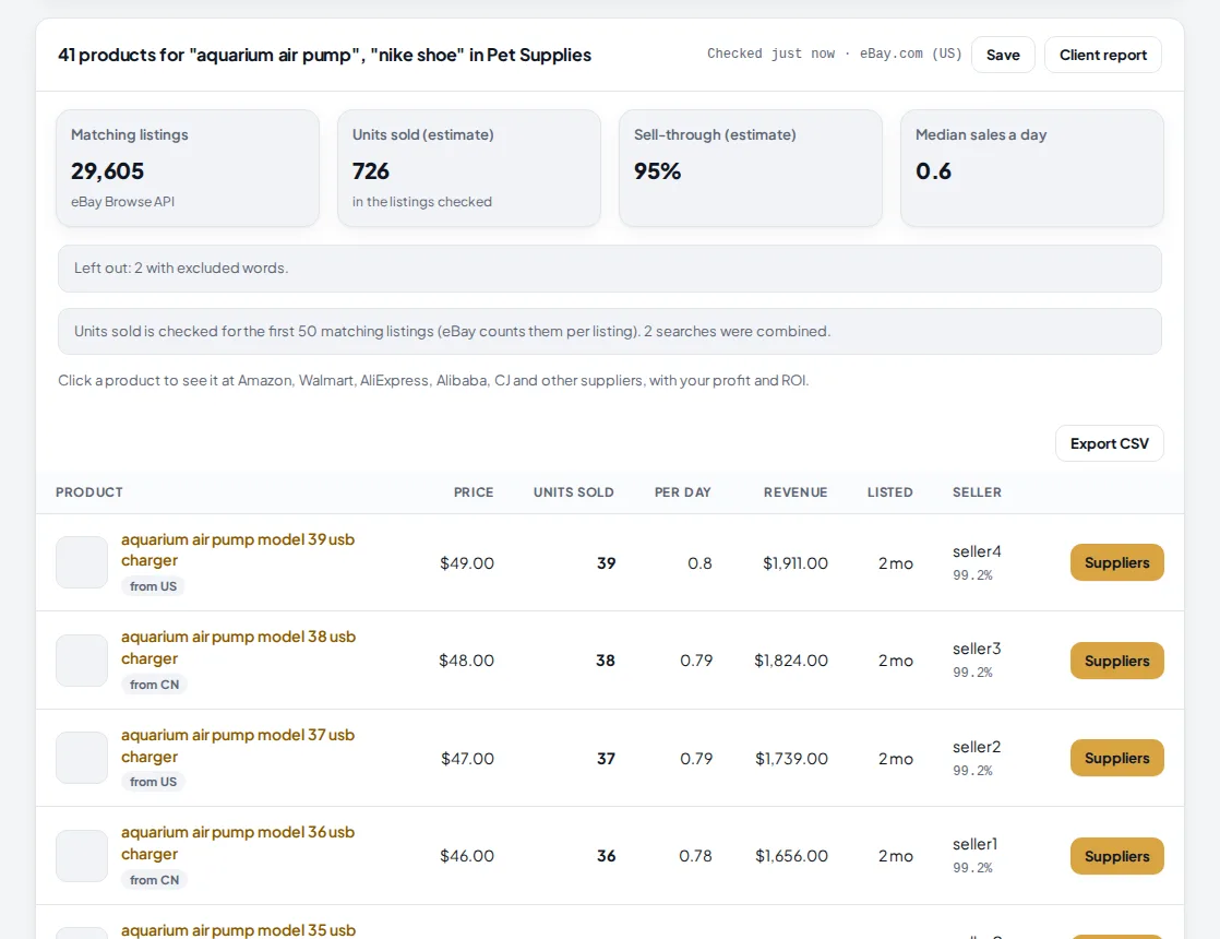 eBay Product Explorer results: 41 products for aquarium air pump, with matching listings, units sold, sell-through and a table of products with price, units sold, revenue and a Suppliers button.