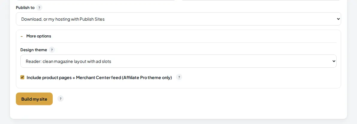 More options opened, showing the design theme set to Reader and the product pages checkbox