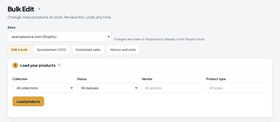 Bulk Edit page with the store picker, the four tabs and the Load your products card with collection and status filters