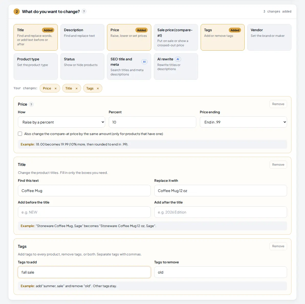 What do you want to change card with Title, Price and Tags added and their panels filled in