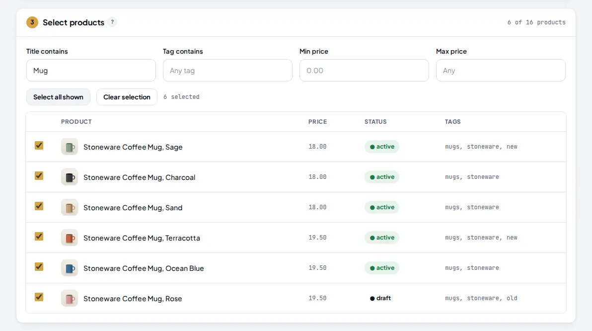 Select products card filtered by the word Mug with six products ticked