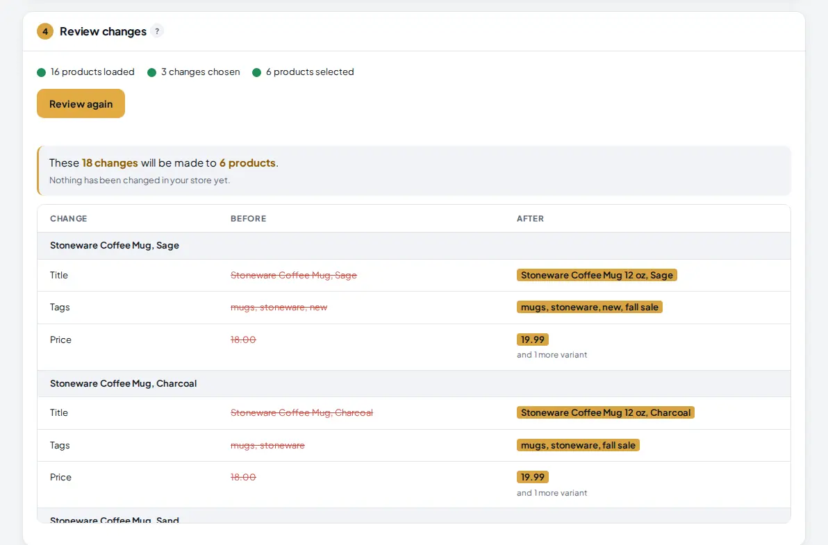 Review changes card showing 18 changes to 6 products with before and after values for title, tags and price