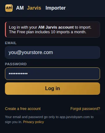 Extension popup login screen with the email field, the Log in button and the Create a free account link