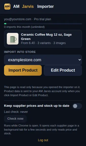 Extension popup on a product page showing the detected mug with 3 variants and 3 images, the store list and the Import Product and Edit Product buttons