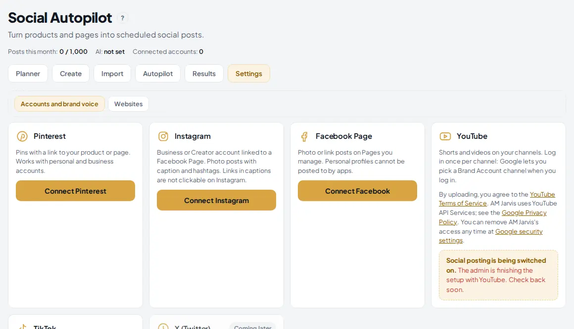 Social Autopilot settings with the Accounts and brand voice tab open and Connect buttons for Pinterest, Instagram and Facebook