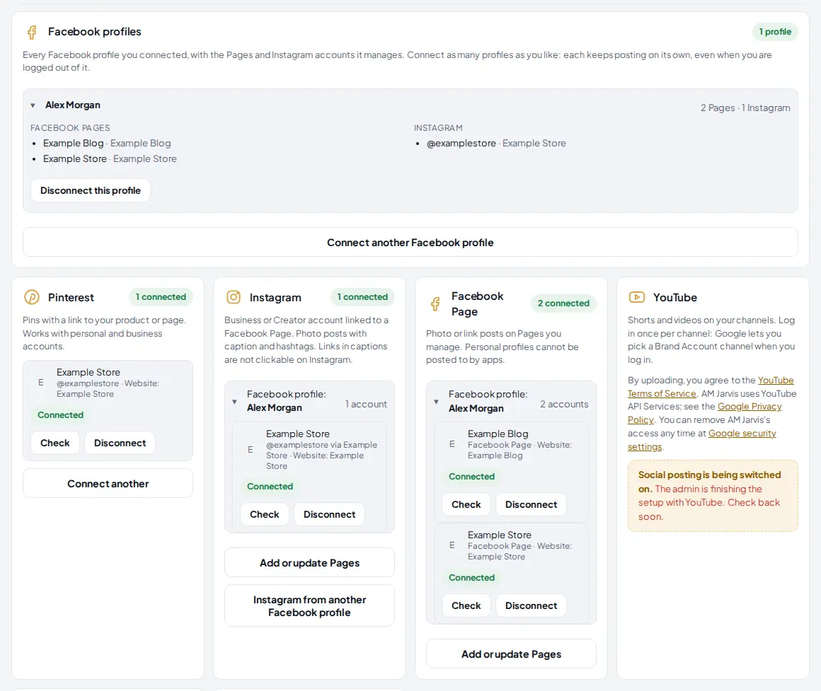 Connected accounts: the Facebook profile card with its Pages and Instagram account, and Pinterest, Instagram and Facebook cards showing Connected