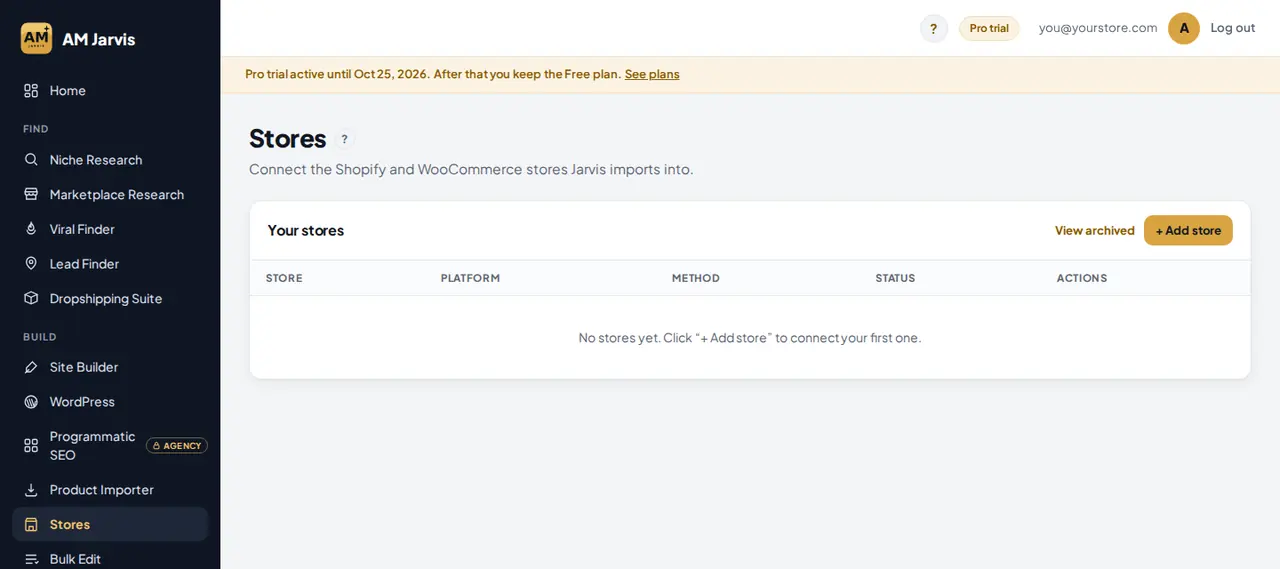 Stores page with the Stores menu item, the Add store button and an empty store table