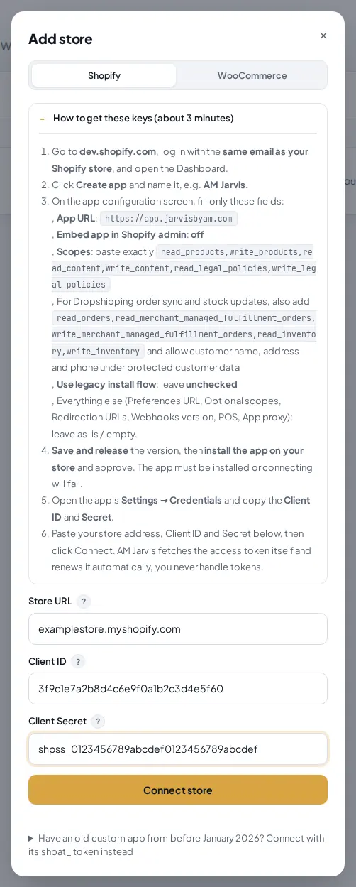 Add store window on the Shopify tab with the key instructions open and the Store URL, Client ID and Client Secret filled in