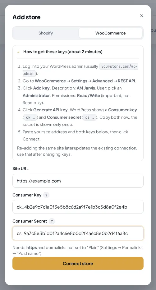 Add store window on the WooCommerce tab with the instructions open and the site URL and both keys filled in