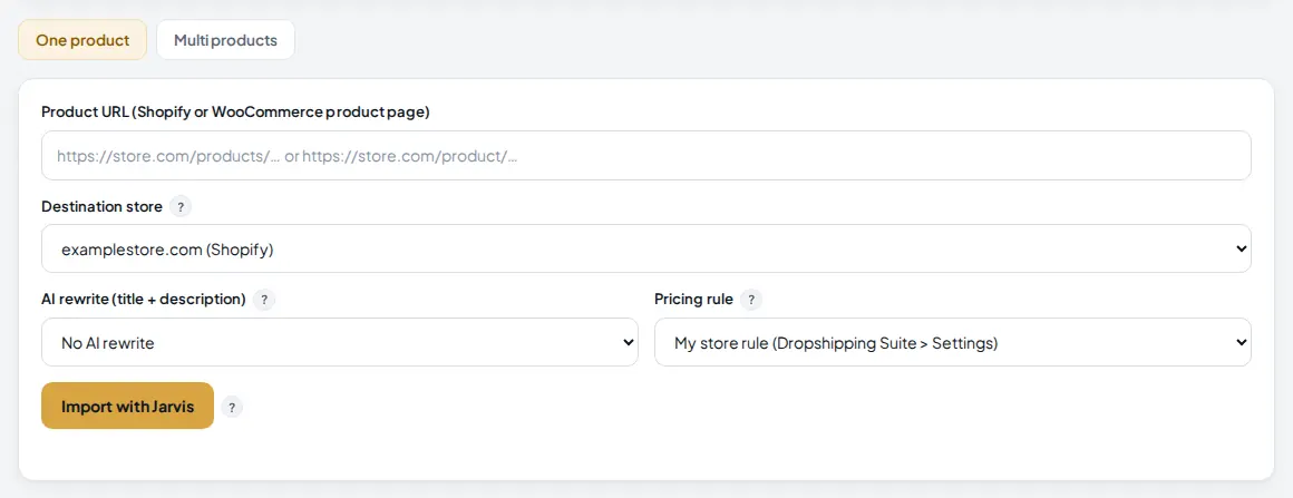 Product Importer one product form with the destination store set to examplestore.com (Shopify)