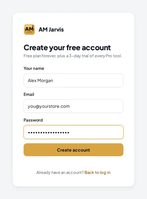 AM Jarvis signup form with name, email and password filled in