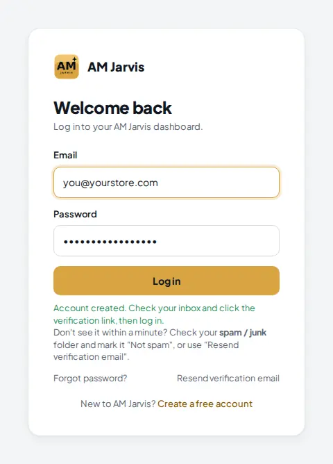Login box showing the account created message and the Resend verification email link