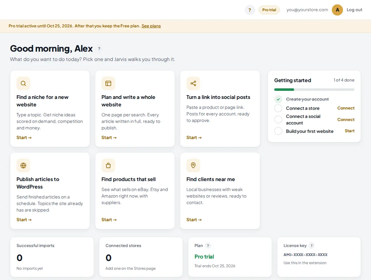 AM Jarvis home screen with the Pro trial pill, the trial banner and the Getting started checklist