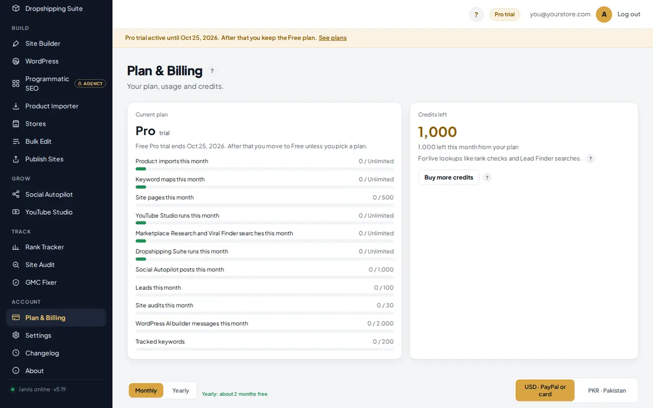Plan and Billing page with the menu item, the current plan card, the usage bars and the credits card