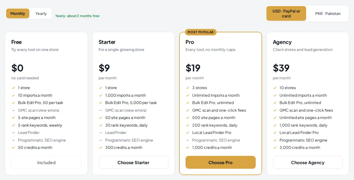 Four plan cards: Free, Starter, Pro and Agency, with the billing cycle and currency switches above them