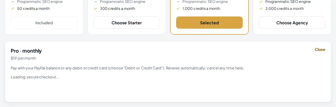 Checkout box for the Pro plan paid monthly, loading the PayPal buttons