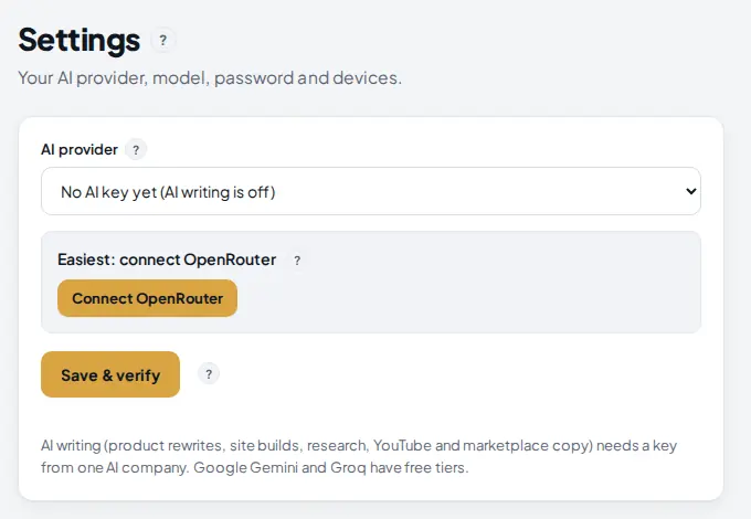 Settings page with the AI provider list, the Connect OpenRouter button and Save and verify