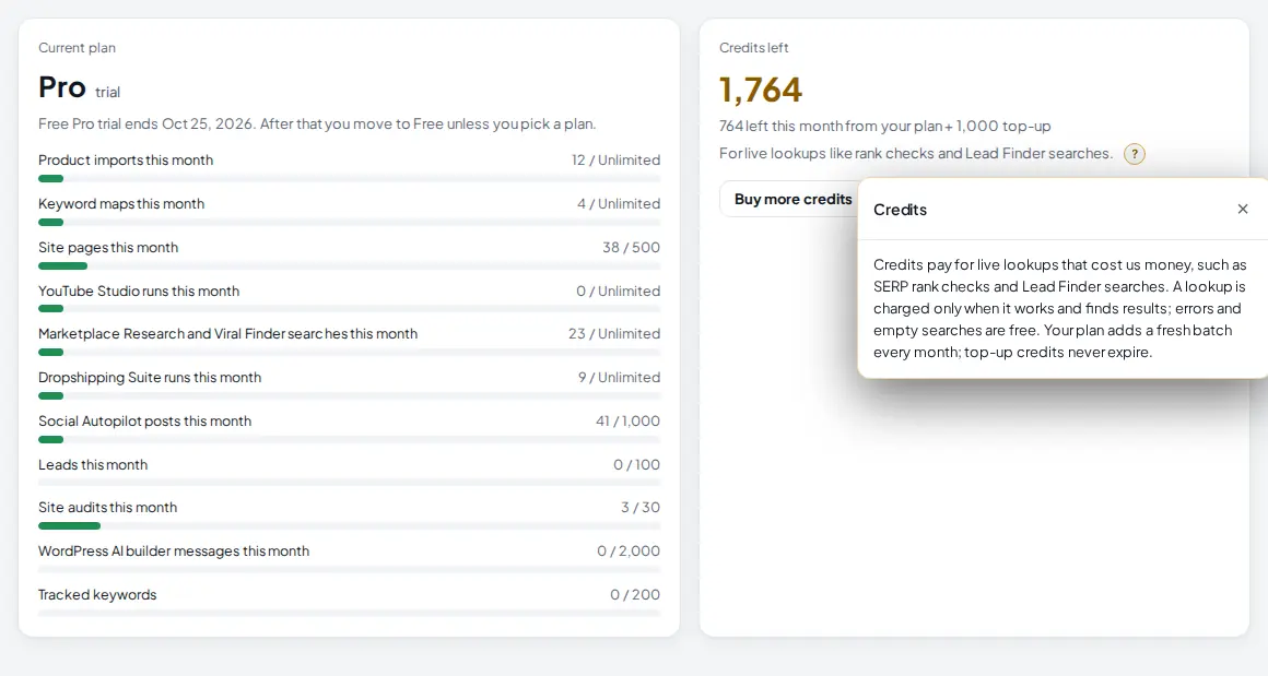 Plan and Billing with the usage bars on the left and the credits card on the right, with its help popup open