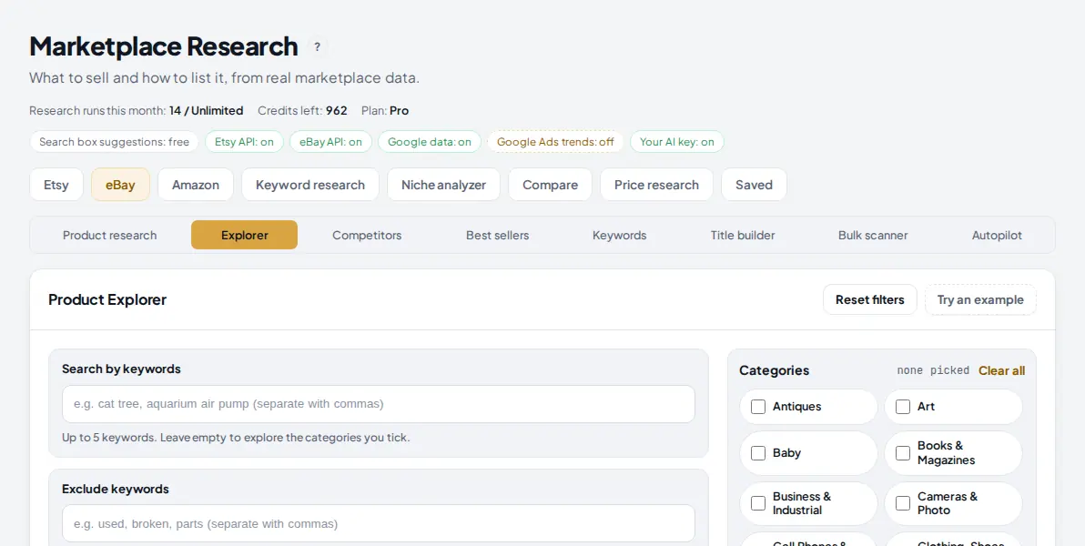 Marketplace Research with the eBay tab and the Explorer sub tab selected, and the empty Product Explorer card below.