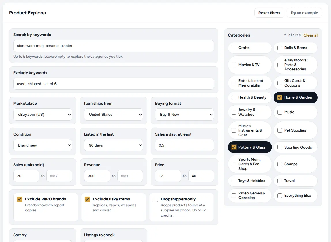 The Product Explorer filter form: two keywords typed, three exclude words, marketplace eBay.com, ships from United States, Buy It Now, brand new, listed in the last 90 days, and Home and Garden plus Pottery and Glass ticked in the category list.