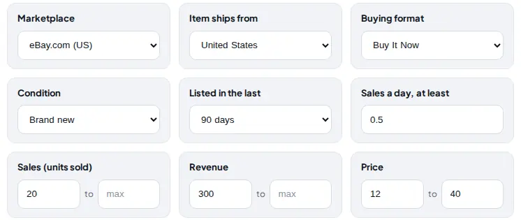 Six filter tiles: item ships from United States, listed in the last 90 days, sales a day at least 0.5, units sold from 20, revenue from 300, and a price range of 12 to 40.
