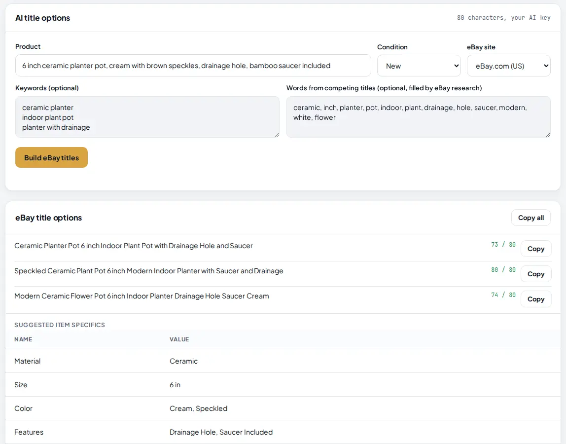 The AI title options form filled for a 6 inch cream ceramic planter with keywords and competing words, and the result: three eBay titles with character counts of 73, 80 and 74 out of 80, Copy buttons, and a table of suggested item specifics such as Material Ceramic, Size 6 in and Color Cream, Speckled.