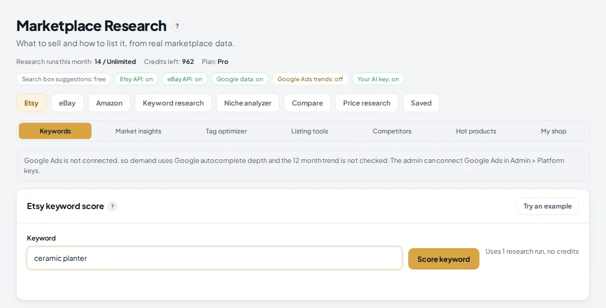 Marketplace Research on the Etsy tab with the Keywords sub tab, a note that Google Ads is not connected, and the Etsy keyword score card with ceramic planter typed and the Score keyword button.