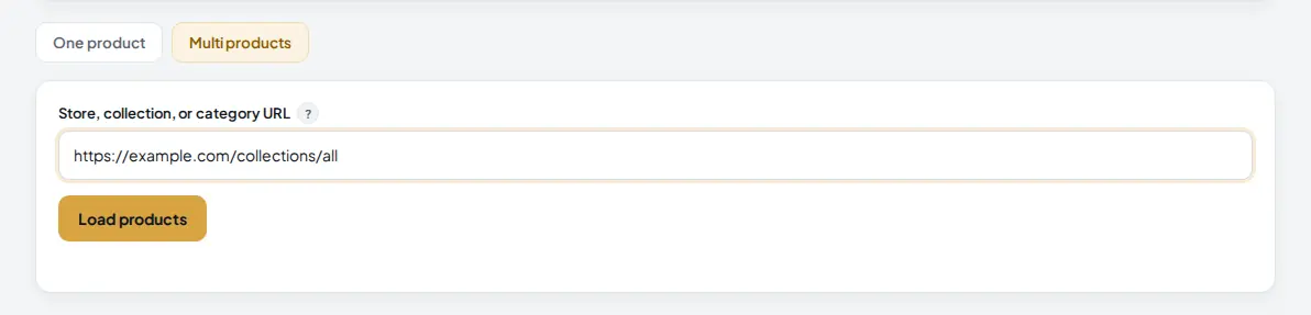 Multi products tab with a collection link pasted into the store, collection or category URL field