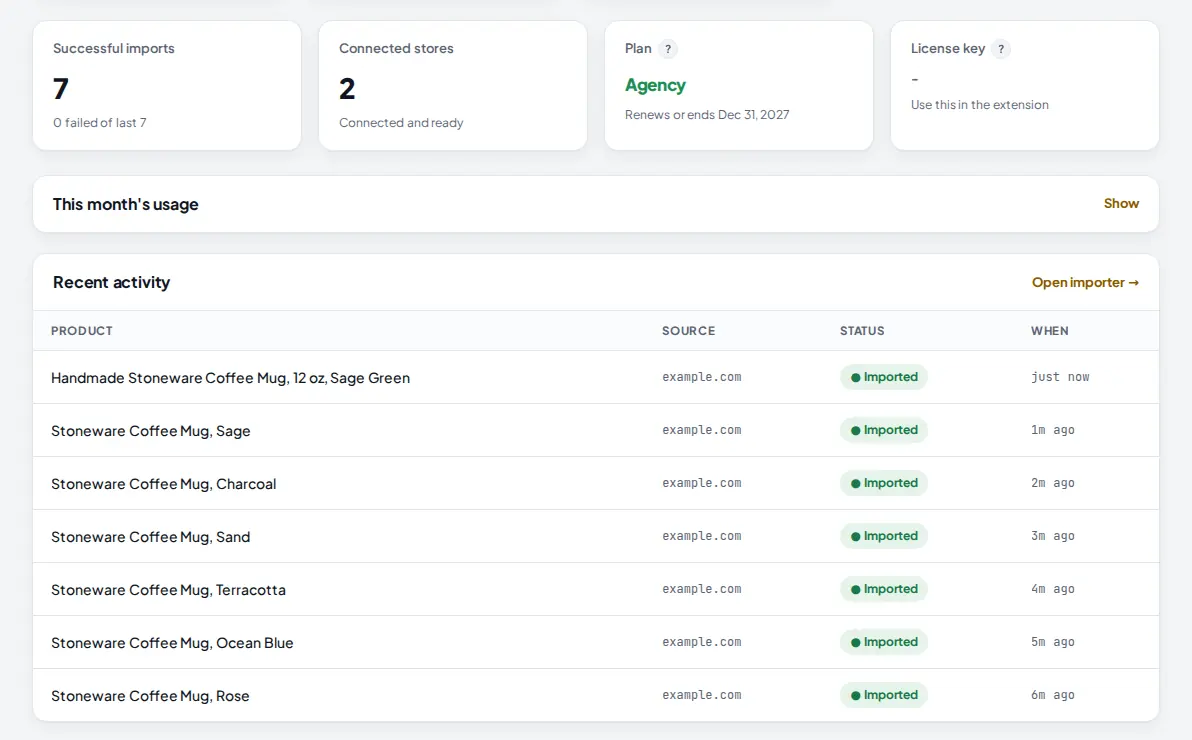 Home dashboard showing the successful imports count and recent activity with imported products