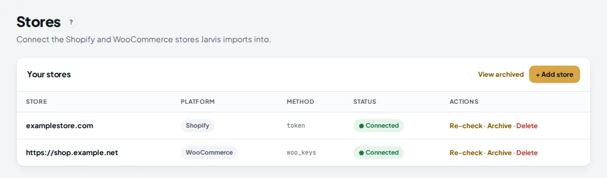 Stores page in AM Jarvis with a Shopify store and a WooCommerce store, both connected