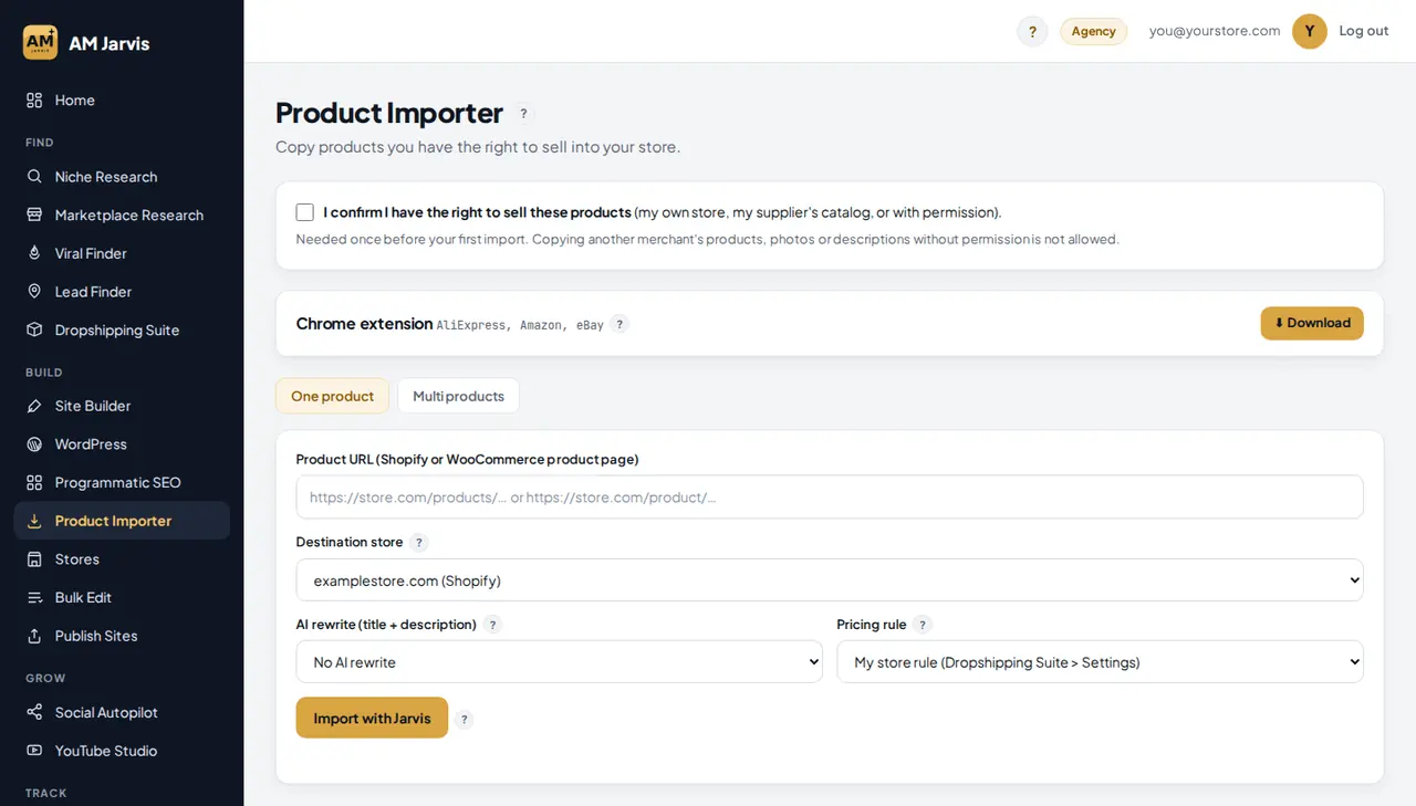 Product Importer page with the rights confirmation box, the Chrome extension card and the One product tab