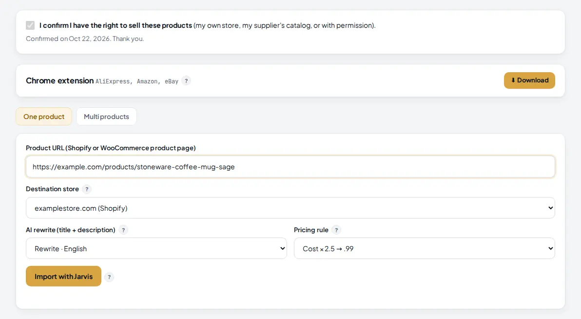 Filled import form with a product link, the destination store, AI rewrite set to English and a pricing rule of cost times 2.5 ending in .99