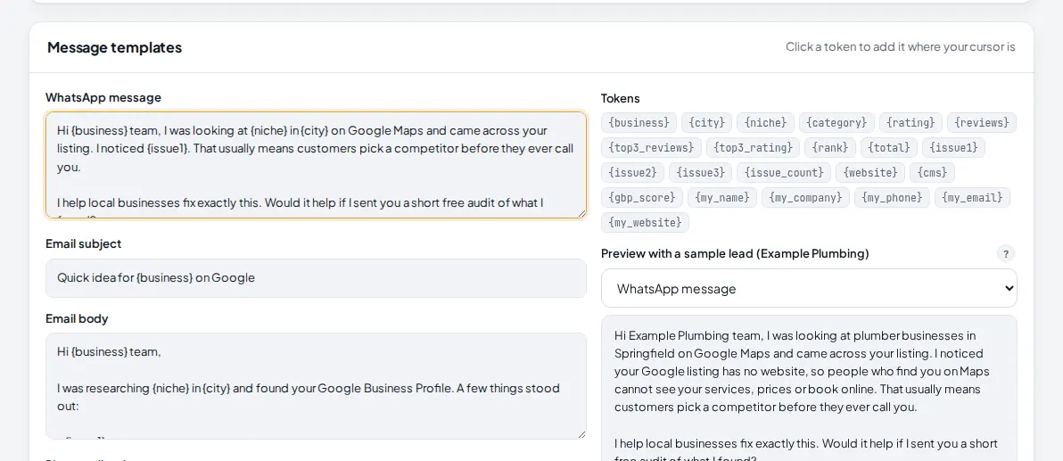 Message templates with the WhatsApp template, the list of tokens and a preview filled with a sample lead