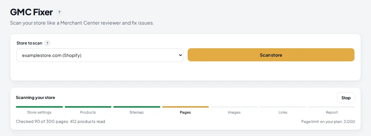 GMC Fixer with the store picker and a scan in progress at the Pages step, 90 of 300 pages checked and 412 products read