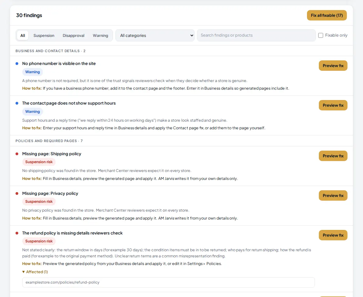 Findings list with filters for severity, category, search and fixable only, and findings with their badges, explanations and Preview fix buttons