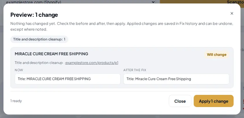 Fix preview showing a product title in capitals with spam words changed into normal capitalization, with Apply 1 change