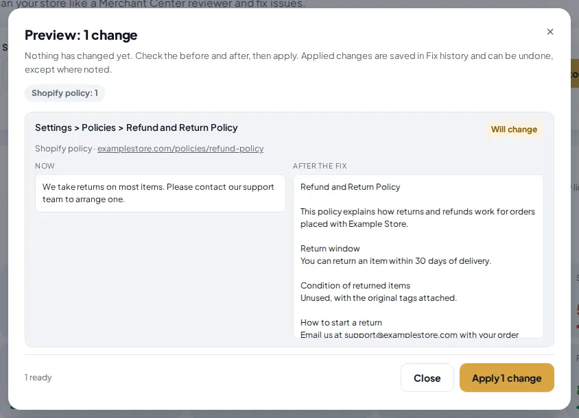 Refund policy preview after saving business details, ready to apply with the return window and conditions filled in