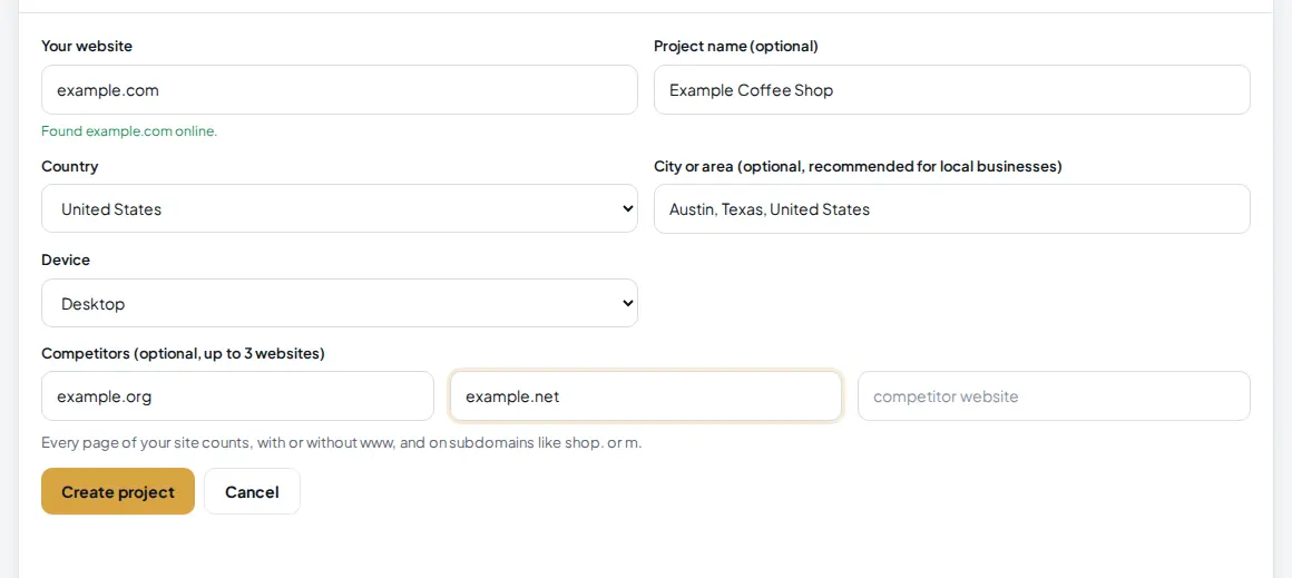 New project form with the website example.com, the city Austin, Texas, United States, the device and two competitor websites