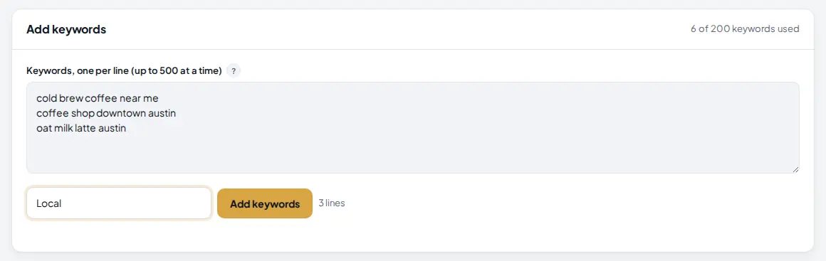 Add keywords card with three keywords typed, the group name Local and the Add keywords button