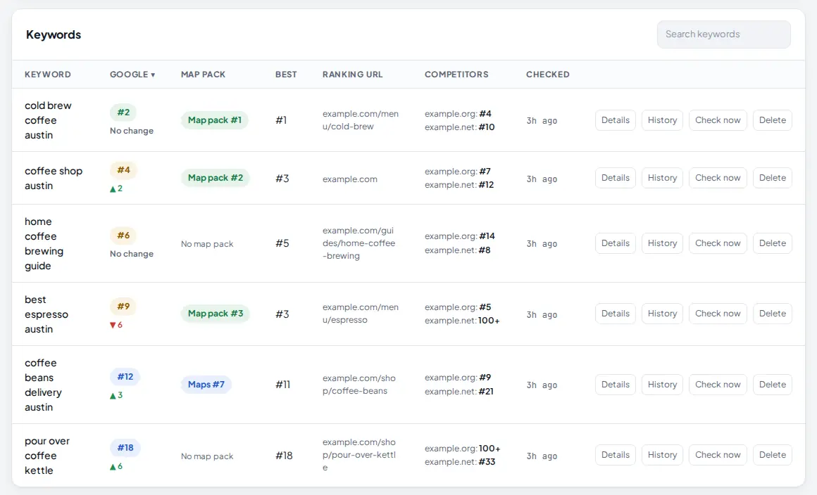 Keyword table with Google position and change, map pack position, best position, ranking URL, competitor positions and the Details, History and Check now buttons
