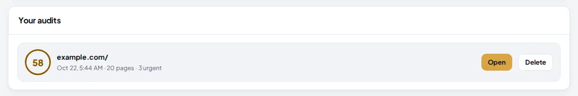 Your audits list with one finished audit of example.com scoring 58, with the Open and Delete buttons