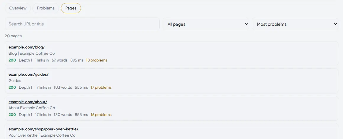 Pages tab with the search box, the status filter, the sort list and pages with their status, depth, links in, words, load time and problems