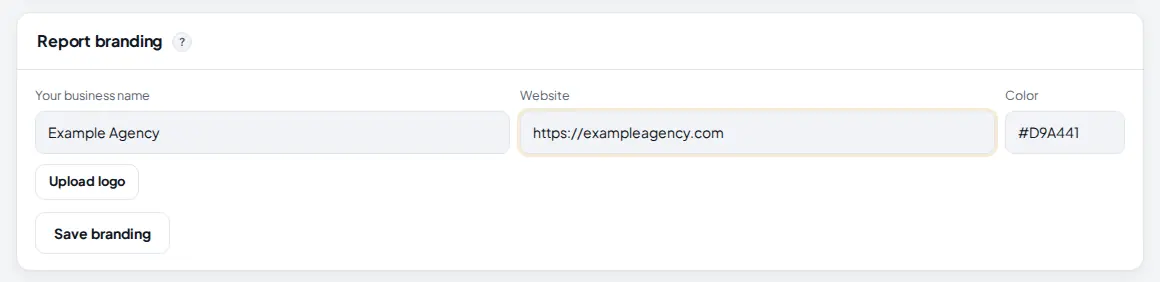 Report branding card on the Agency plan with the business name Example Agency, its website, the color, Upload logo and Save branding