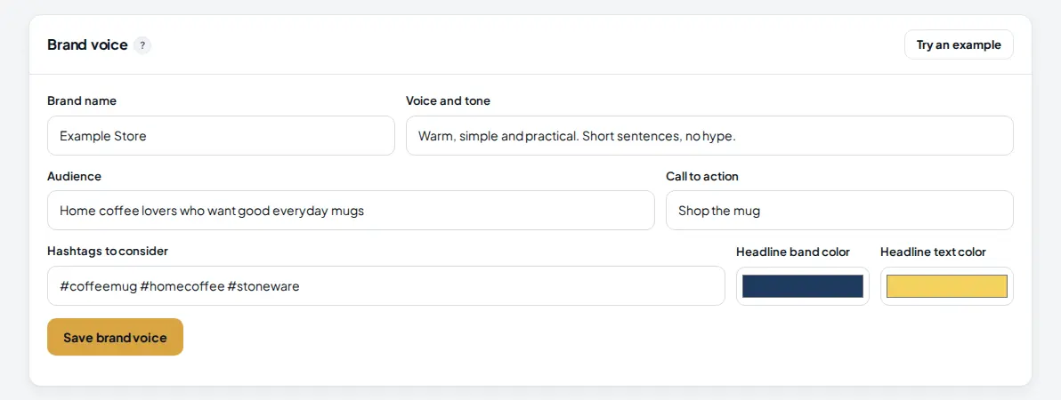 Brand voice card with brand name, voice and tone, audience, call to action, hashtags and headline colors