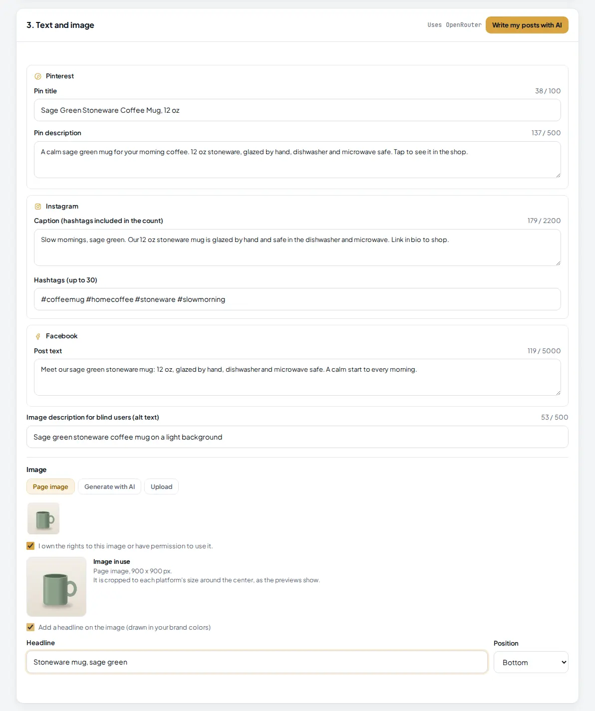 Text and image card with the Pinterest, Instagram and Facebook text, the page image selected and a headline on the image