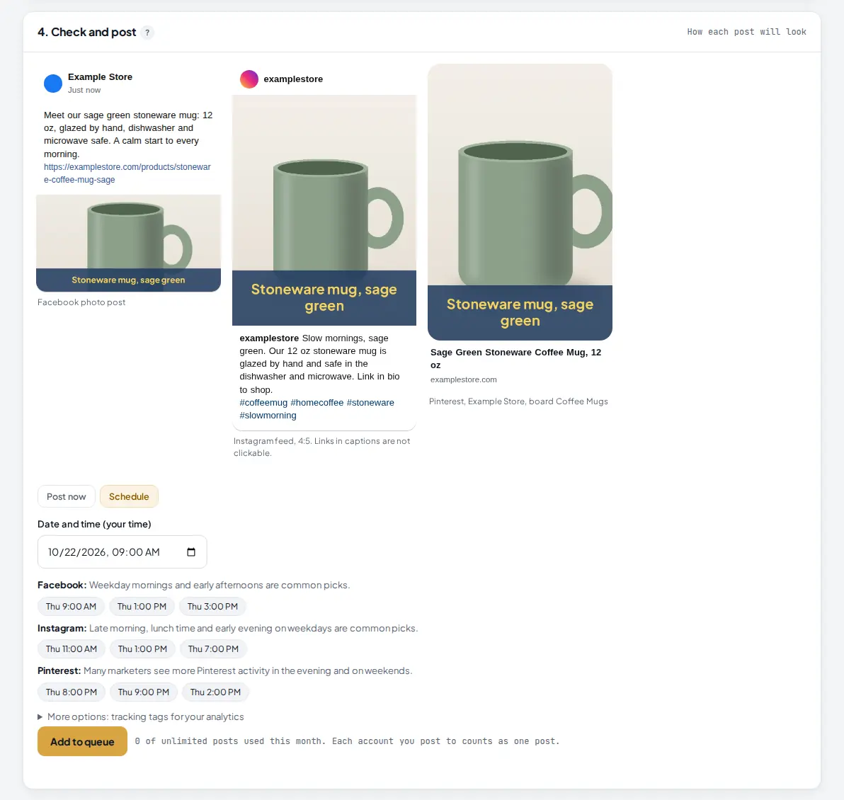 Check and post card with the Facebook, Instagram and Pinterest previews, the Schedule option, the date and time and suggested posting times