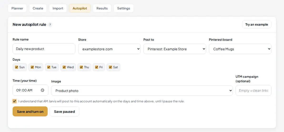 New autopilot rule form with store, Pinterest account, board, every day selected, 9 AM, product photo, an empty UTM campaign and the confirmation ticked